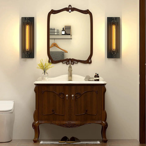 Bathroom with Industrial Black Wall Sconces Set of 2, Vintage Style Bar Lights, UL listed, antique look near mirror