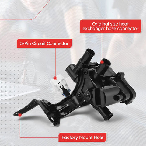 Direct Bolt On Coolant Control Valve For 2004 To 2009 Toyota Prius 1.5L showing 5-pin connector and mount hole details.