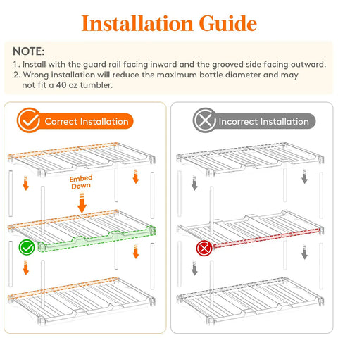Installation guide for Clear Three-Tier Stackable Bottle Organizer For Wine And Drinkware with correct and incorrect setup.