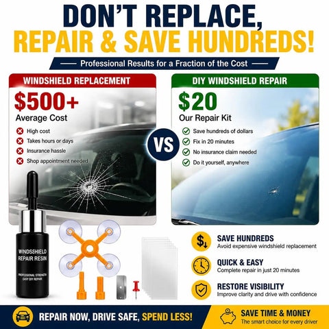 Comparison of DIY Windshield Repair Kit For Chips And Cracks Fast Fix With Deep-Penetrating Resin and windshield replacement cost.