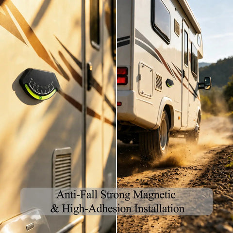Stick On RV Level With Magnetic Adhesive For Campers And Trailers installed on side of moving RV, showing anti-fall design