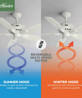 52 Inch Indoor Ceiling Fan No Light With Pull Chain White Finish showing reversible multi-speed motor for summer and winter modes