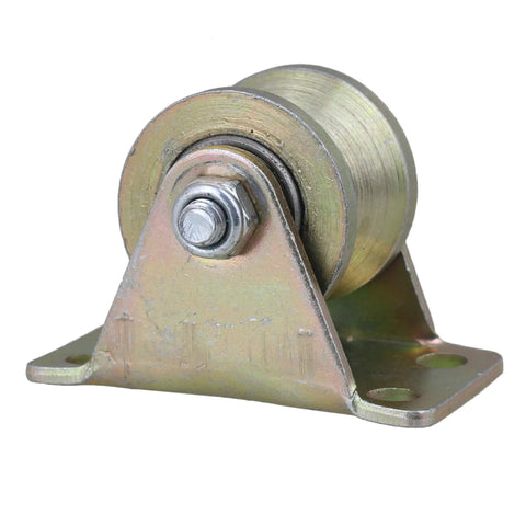 Heavy Duty Steel Groove Caster Wheel One Point Two Inch Rigid Mount Roller Bearing For Industrial Cart And Sliding Gate with sturdy base.