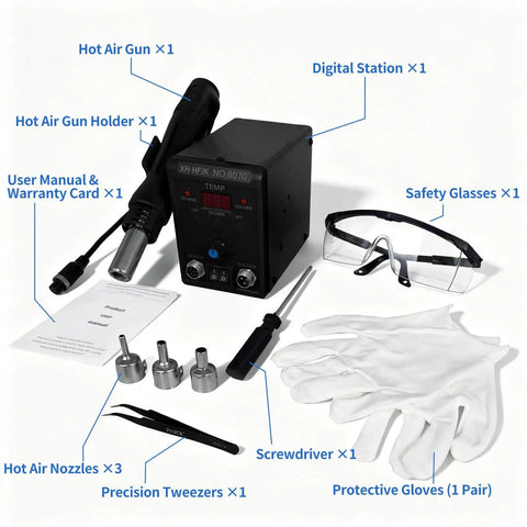 Dope Pro Grade 700W Hot Air Rework Station kit with digital control, nozzles, tweezers, safety glasses, gloves, and manual.