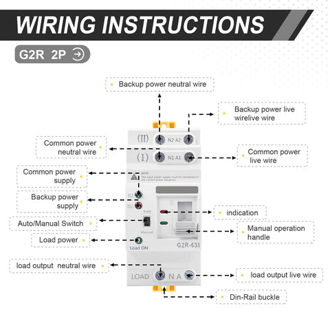 63Amp 110V AC Mini ATS Auto And Manual Transfer Switch 2 Pole G2R Dual Power Changeover wiring instructions diagram