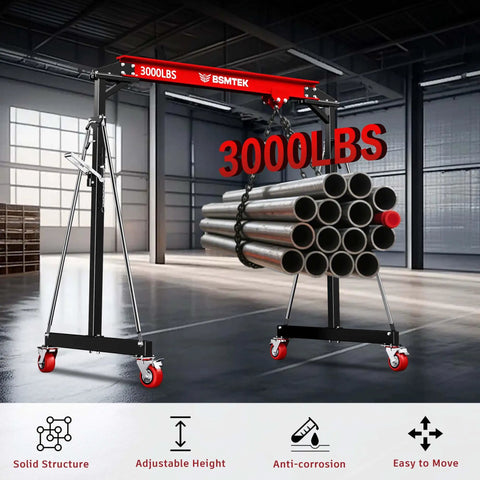 1.5 Ton Portable Gantry Crane With Adjustable Height From 8.53 To 12.47 Feet And A 6.56 Foot Span, Steel I Beam Construction