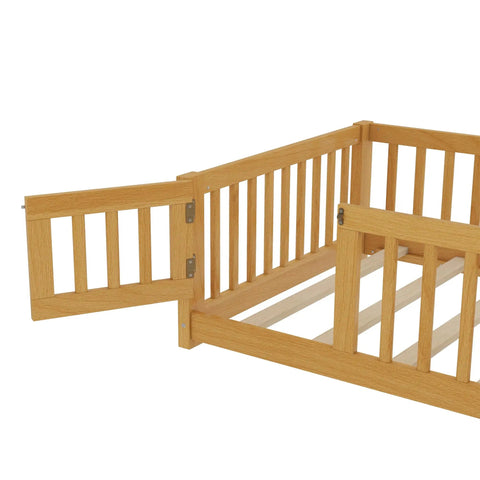 Twin Montessori Floor Bed Frame In Natural Pine With Attached Safety Fence Gate Low Profile Design view showing fence gate and timber frame.