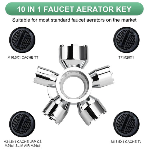 Heavy Duty 10 In 1 Faucet Aerator Tool for DIY Plumbing Pros, universal removal kit showing various size fittings, silver metal.