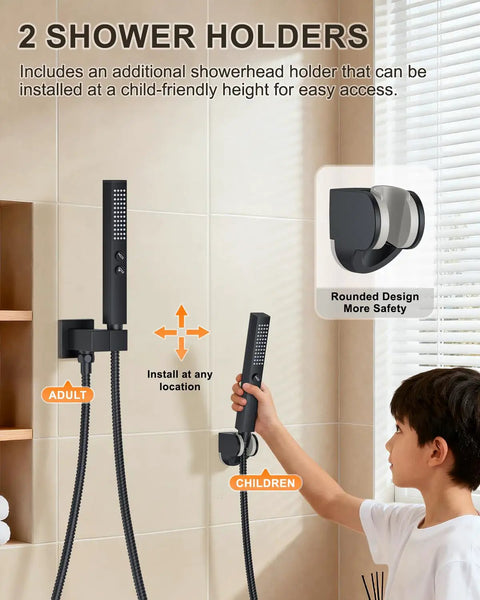 Wall Mounted Bathtub Shower System With A Clean Matte Black Look And Legit Heavy Duty Brass Rough In Valve, Includes A Massive 12 Inch Rainhead And Handheld Spray Combo For Stress Free Reno Jobs