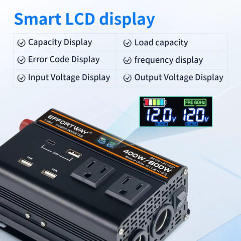 No Sweat 400 Watt 12V To 110V Power Inverter With 800W Peak Muscle, Dual AC Outlets, Three USB Plugs featuring smart LCD display.