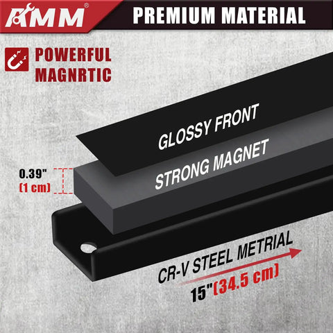 Apparent cross-section of a magnetic tool holder showing layers, labeled as glossy front, strong magnet, CR-V steel, measuring 15 inches.