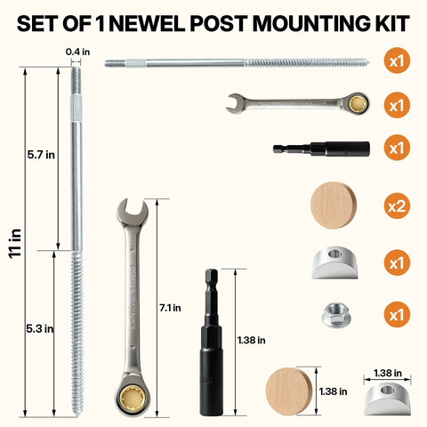 Heavy Duty Hidden Newel Post Mounting Kit With Rail Bolt Wrench And Rock Solid Base Plate Hardware For Wooden Stair Railing Deck Balusters No Fuss Setup components laid out with dimensions.