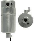 AC Receiver Drier For Heavy Duty Trucks Replacement Part Compatible With 320 335 357 362 378 379 385 386 387 330 270 377 200 376 397 Models Durable Fit And Easy Install For Reliable Climate Control. silver metal AC receiver drier with ports