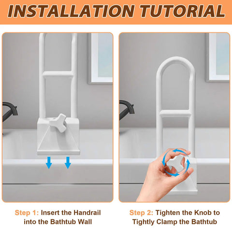 Installation of Bathtub Safety Rail With Adjustable Clamp And Grasp Handle for easy entry and exit by tightening the clamp bar.