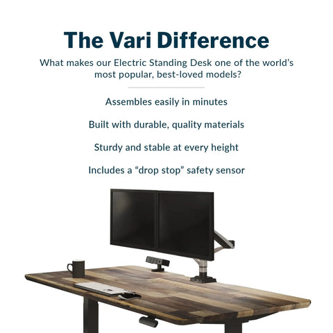 Premium Electric Height Adjustable Standing Desk 72 X 30 Inches with reclaimed wood desktop and dual monitor setup.