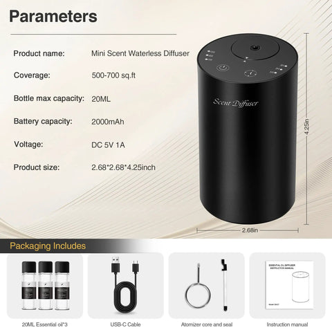 No Water Needed Nebulizing Diffuser Starter Kit With Battery Powered Mini Scent Machine Including 3x20ml Essential Oils Portable Black