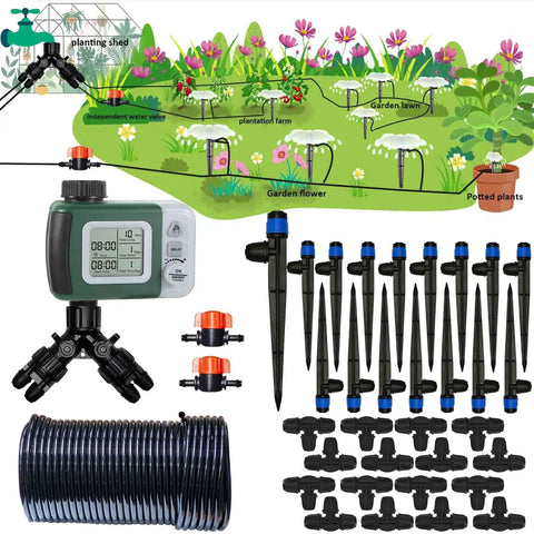 Automatic Drip Irrigation Kit With Water Timer 82 Ft 1 Quarter Inch Hose For 16 Sprinkler Heads Garden Lawn Plants Setup