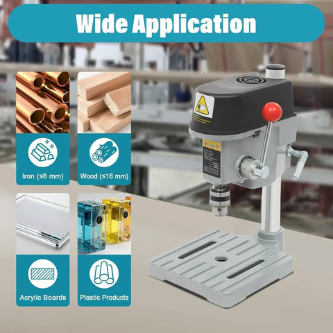 Compact Mini Benchtop Drill Press With Variable Speed Control Up To Sixteen Grand, suitable for iron and wood drilling.