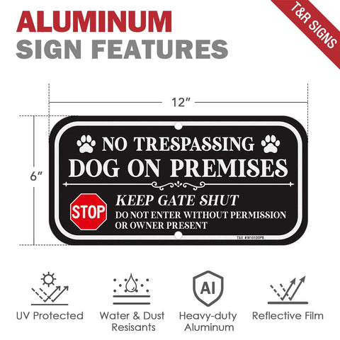 Badass Yard Setup 12 X 6 Inch No Trespassing Dog On Premises Sign 2 Pack Heavy Aluminum fence plaque with reflective design.