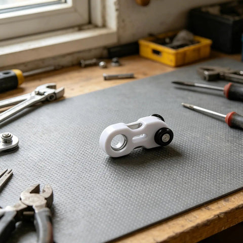 Dead Quiet Curtain Pulley Rollers With Hidden Rail Track And Dual Wheel Design For Heavy Drapes and Zero Hassle Ceiling Mount Hardware on a workbench.