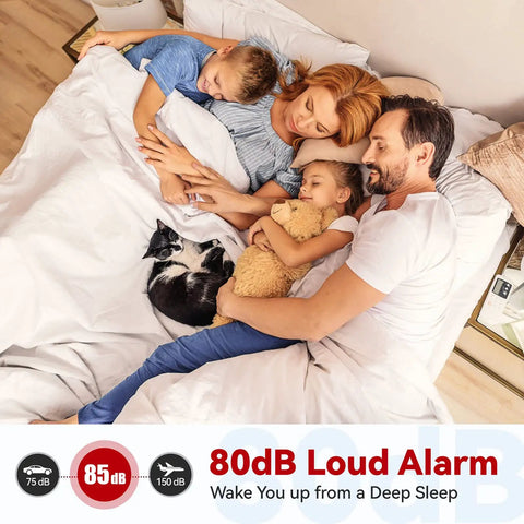 Family sleeping peacefully with cat, emphasizes safety from Battery Powered Smoke Alarm Pack With Test Silence Button And Photoelectric Sensor LED Indicator UL Listed Home Fire Alarm For Your Pad 6 Pack 10 Year Battery Life With Replaceable 9V Battery And Auto Low Battery Alerts.