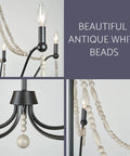 Close-up of Boho Chic 28 Inch Five Light Wood Beaded Chandelier in Black and Antique White Finish with vintage candlestick sockets.