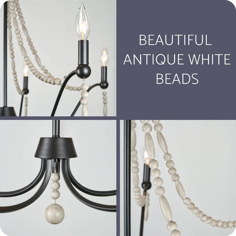 Close-up of Boho Chic 28 Inch Five Light Wood Beaded Chandelier in Black and Antique White Finish with vintage candlestick sockets.