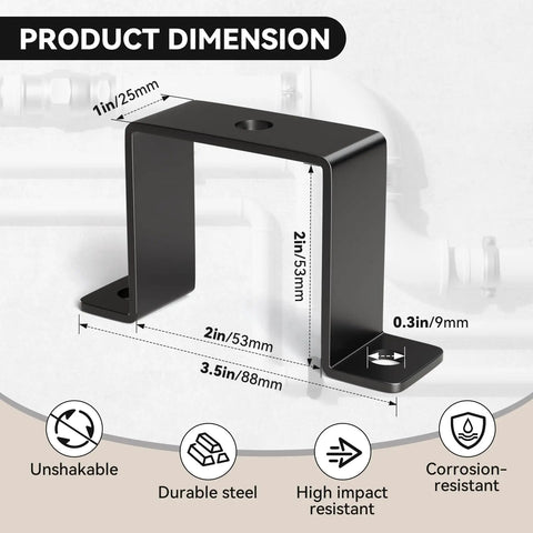 Product image showing dimensions of 3 Pcs 2x2 Square Tube Strap Clamp Set U Shaped Steel Bracket Black Powder Coated.