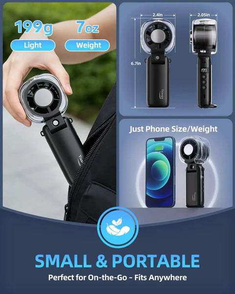 Dimensions and portability of Portable Handheld Turbo Fan On The Go With Ice Cooling And 45ml Mist Tank, USB Rechargeable.