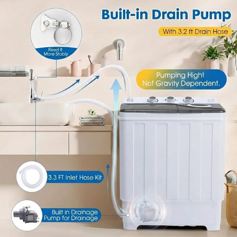 Slick Portable Twin Tub Washing Machine, 28 Pound Capacity Featuring Drain Pump with built-in features and 3.2 ft drain hose.