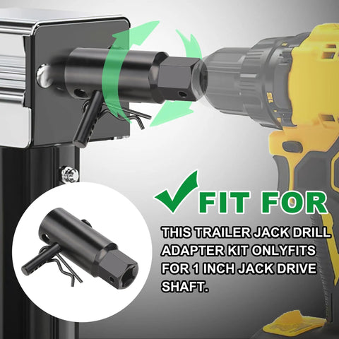 Heavy Duty Trailer Jack Drill Adapter Fits 1 Inch Shafts To Turn Your Drill Into A Beast That Hoists Empty Trailers With Zero Sweat Uses 1/2 Inch Drive Links Or 1 Inch Socket For Rapid Rigging No Impact Usage Permitted Complete Kit Ships With Locking Pin, showing locking pin mechanism with drill connection.