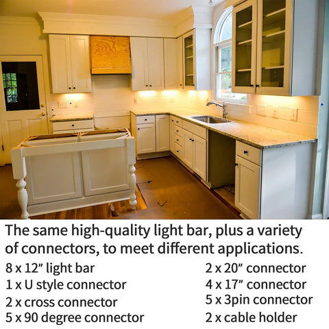 Kitchen setup showcasing Lit Under Cabinet Lighting Kit with eight 12 inch LED light bars, warm white 2700K glow highlighting cabinets.