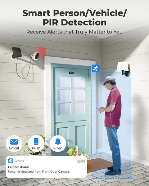 Solar Wireless Security Camera For Home 2K Clarity highlighting smart detection on person at front door with alerts