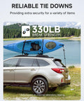 Car with blue kayak secured by 8 Ft Adjustable Ratchet Tie Downs 4 Pack With Quick Lock Pulley System And 75 Lb Per Strap