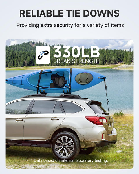Car with blue kayak secured by 8 Ft Adjustable Ratchet Tie Downs 4 Pack With Quick Lock Pulley System And 75 Lb Per Strap
