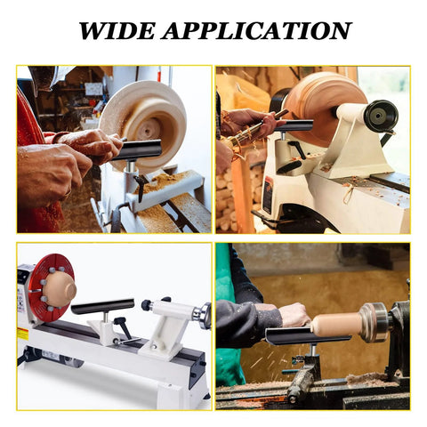 12-inch stainless steel lathe tool rest with 1-inch post; front, side, close-up, and installed views
