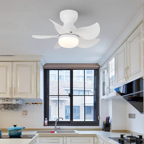Dope 24 Inch Flush Mount Ceiling Fan With Light Kit in modern kitchen, remote controlled, low profile, white 5 blades, LED light