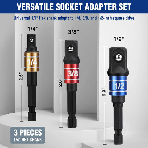 Impact Grade Socket Adapter Set for Quick Change Systems Converts From Hex Shank To One Quarter Inch Three Eighths Inch And One Half Inch Square Drives With Extension Bit Holder For Drills And High Torque Wrenches, showing three pieces.