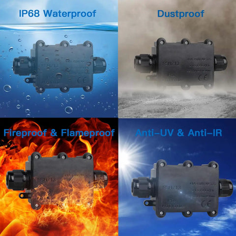 Two Pack Waterproof IP68 Outdoor Junction Box 2 Way Enclosure For Underground Lines Coaxial Cable Connector 5 To 15mm Wire Range Weatherproof Power Cord Box Black showcasing waterproof, dustproof, fireproof properties