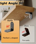 Rock Solid Four Piece L Angle Brackets For Wood Cabinets And Shelving Units showcasing black steel supports at right angle. 90° corner detail.