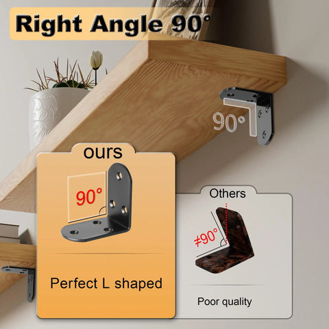 Rock Solid Four Piece L Angle Brackets For Wood Cabinets And Shelving Units showcasing black steel supports at right angle. 90° corner detail.