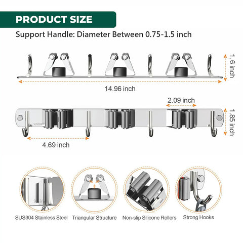 Stainless Steel Broom And Mop Wall Mount Organizer With Three Racks And Four Hooks Heavy Duty Space Saver dimensions and features