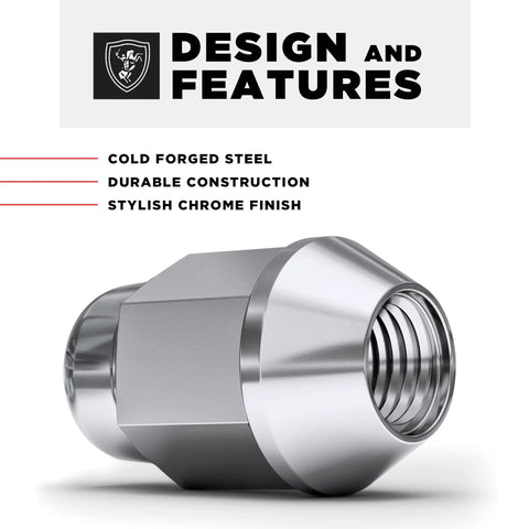 Built Tough Chrome Bulge Acorn Lug Nuts With Security Wheel Locks M12 X 1.50 Thread close-up view highlighting chrome finish.