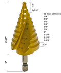 Titanium Nitride Coated HSS Step Drill Bit With One Quarter Inch Hex Shank Ten Imperial Step Sizes From One Quarter Inch To One And Three Eighths Inch Spiral Groove Double Flute 135 Degree Split Point For Sheet Metal Aluminum PVC Copper Acrylic NordWolf