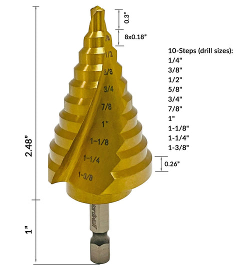 Titanium Nitride Coated HSS Step Drill Bit With One Quarter Inch Hex Shank Ten Imperial Step Sizes From One Quarter Inch To One And Three Eighths Inch Spiral Groove Double Flute 135 Degree Split Point For Sheet Metal Aluminum PVC Copper Acrylic NordWolf