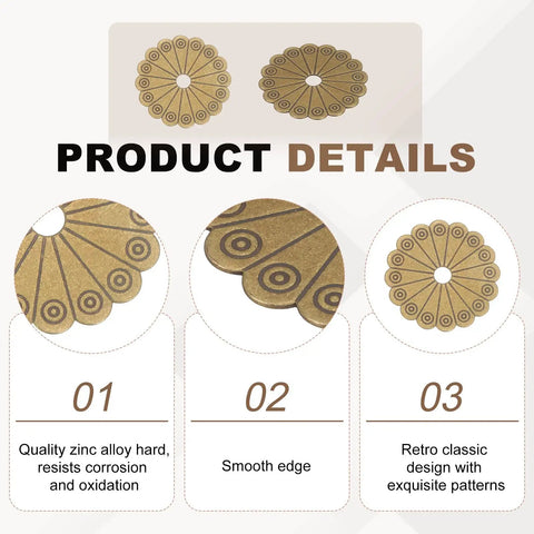 Detailed view of Six Pack Brass Cabinet Knob Backplates, Vintage Flower Shape Decorative Washers, design and smooth edge close-up