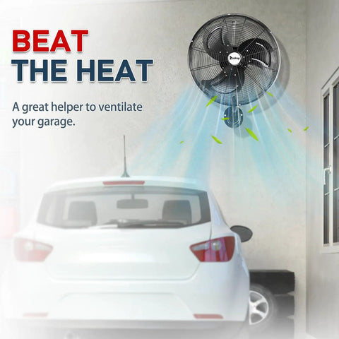 18 Inch Wall Mount Oscillating Fan With Aluminum Blades, High Velocity Airflow Up To 4592 CFM installed in garage