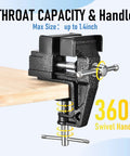 Heavy Duty Cast Steel Bench Vise Two Inch Jaw Clamp with 360° swivel handle, 1.4inch throat capacity, ideal for woodworking.