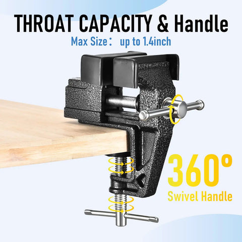 Heavy Duty Cast Steel Bench Vise Two Inch Jaw Clamp with 360° swivel handle, 1.4inch throat capacity, ideal for woodworking.