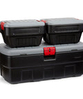 Heavy Duty 48 Gallon Plastic Storage Bin With Two 8 Gallon Nested Lockable Boxes And Secure Fitting Lids stacked neatly.
